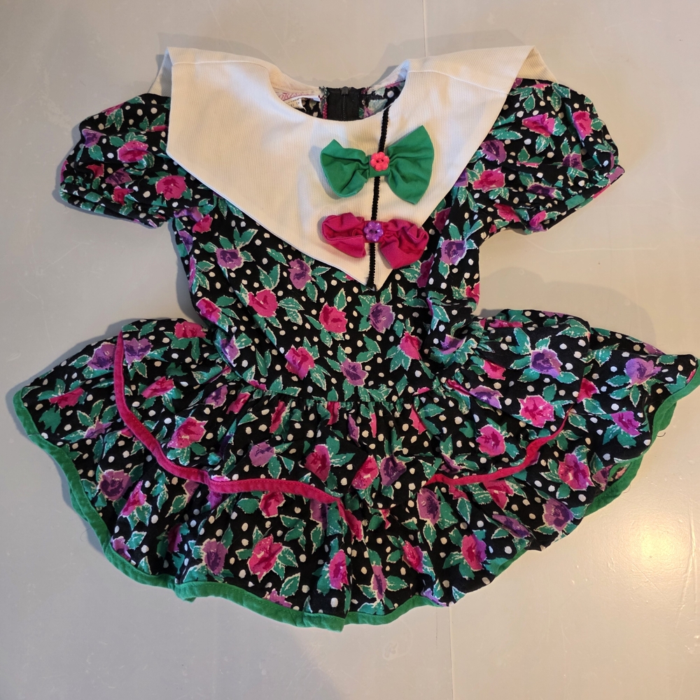 VTG 90s Dorissa Floral Polka Dot Dress 2T Puff Sleeve‎ Bow
